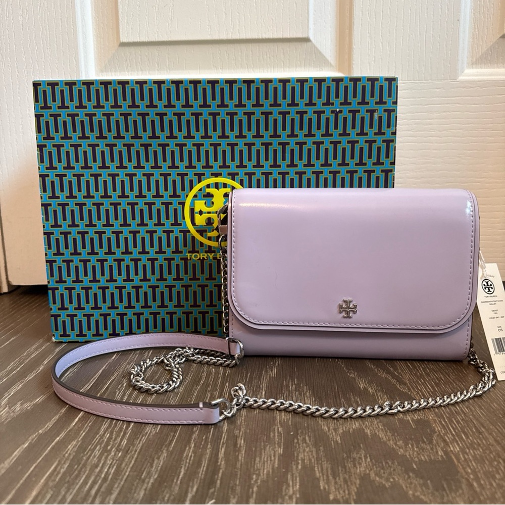 NWT Tory Burch Emerson Patent Chain Wallet violet sky NO LONGER AVAILABLE - Picture 8 of 13